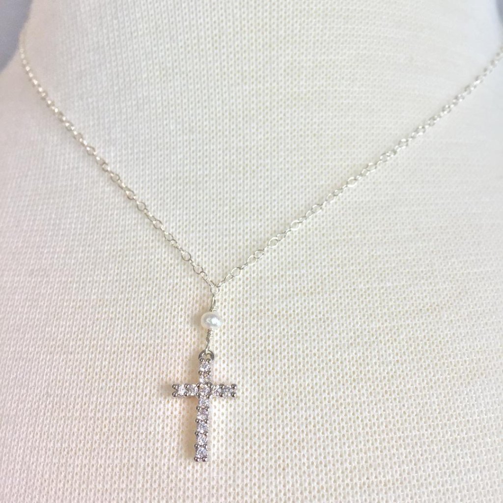Tiny White Pearl Cz Cross Necklace Sterling Silver 38$